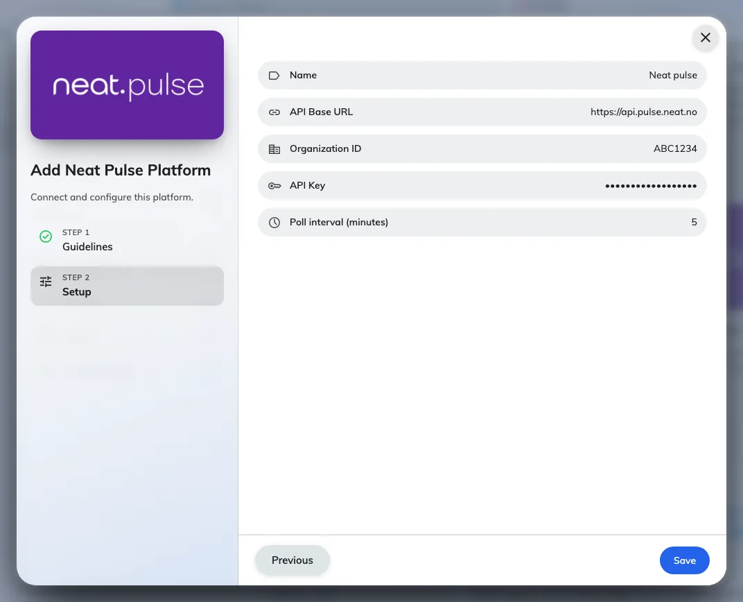 Add Neat Pulse Platform. The key field stays hidden as you paste.