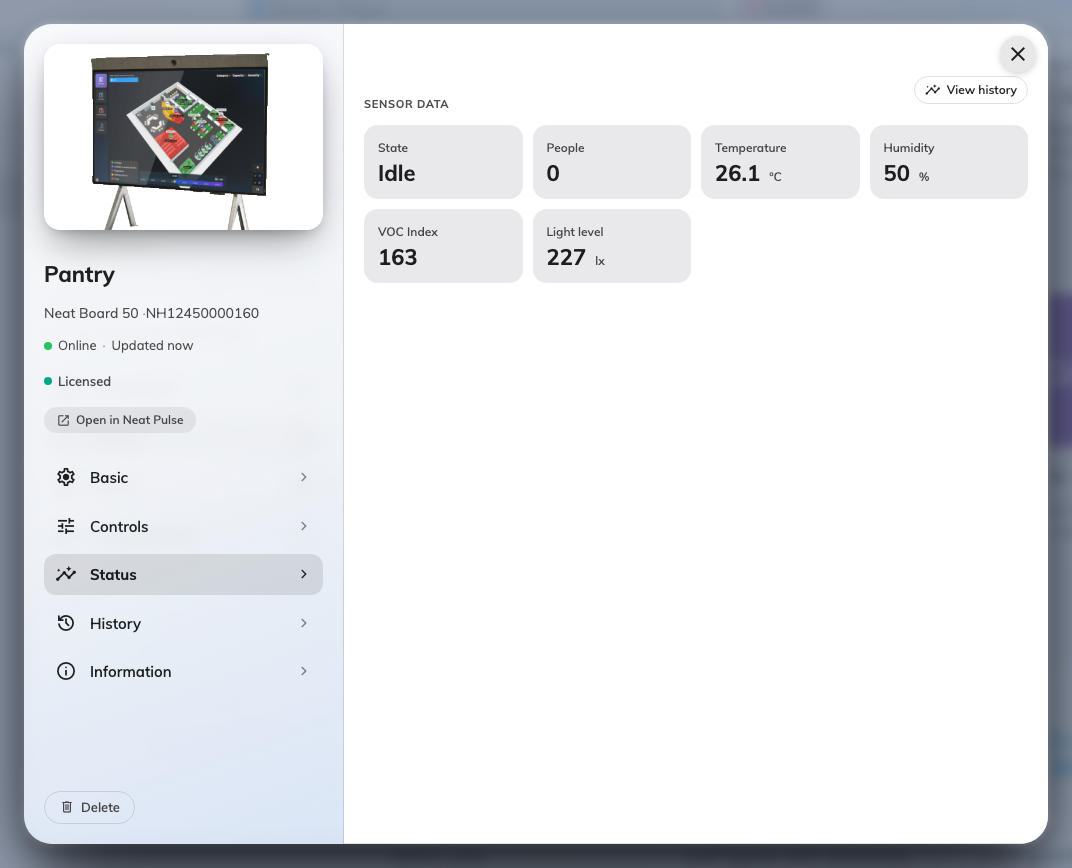 A synced Neat device's Status page, reporting its sensor suite.