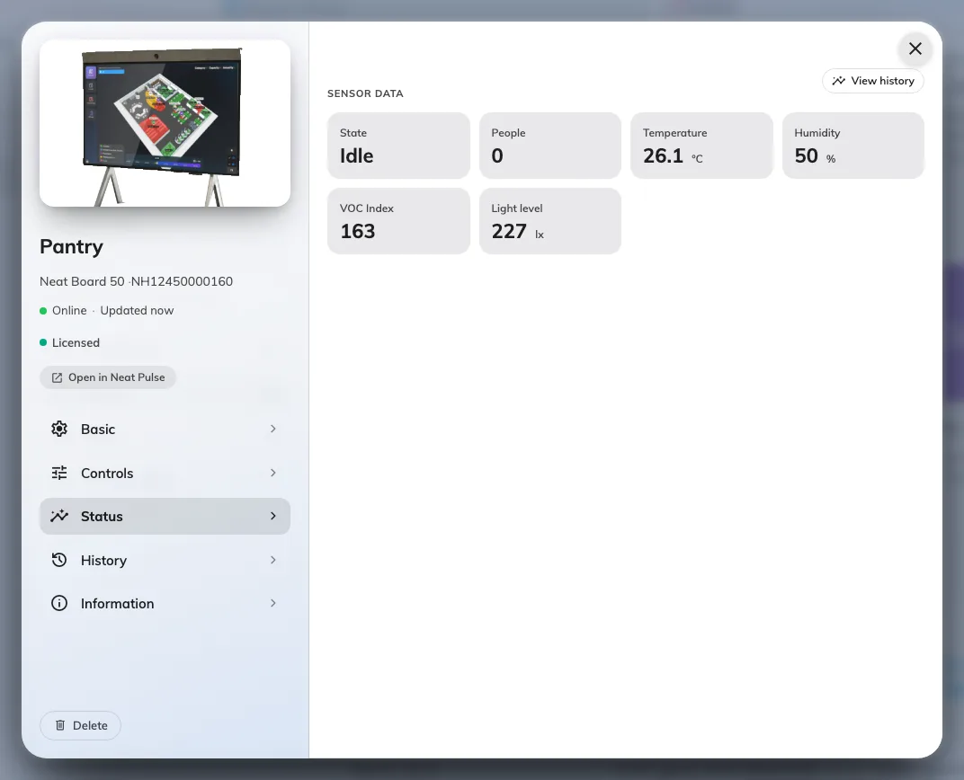 A synced Neat device's Status page, reporting its sensor suite.
