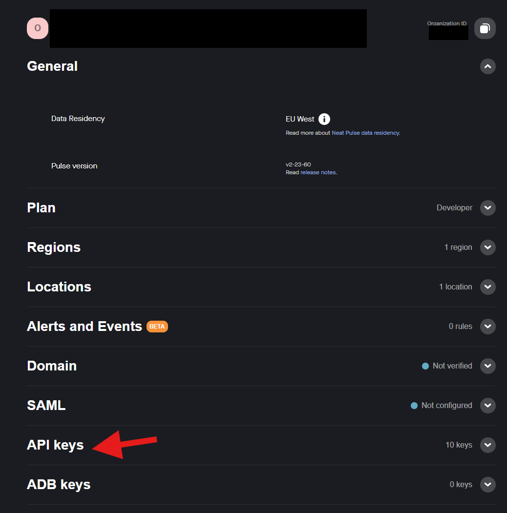 Neat Pulse's organization settings, with API keys near the bottom.