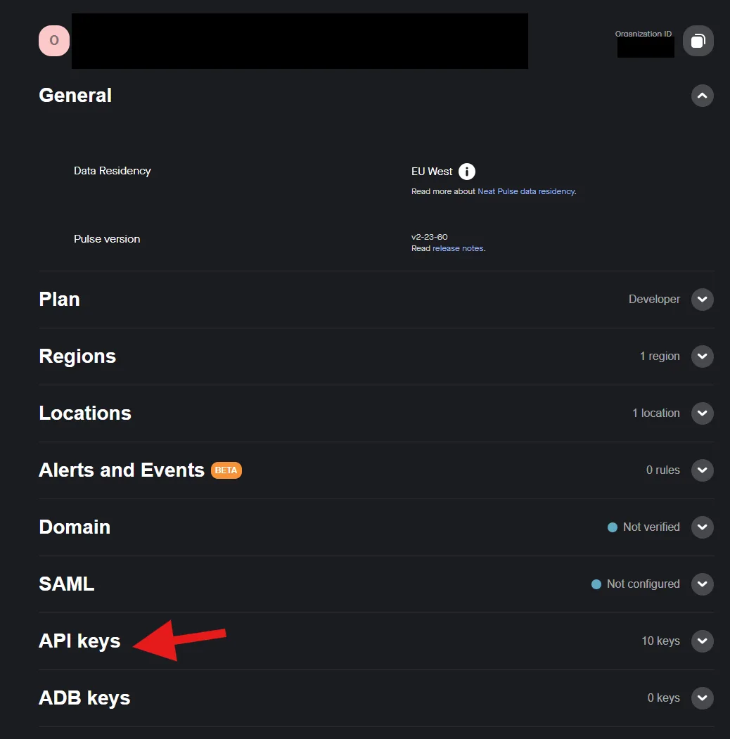 Neat Pulse's organization settings, with API keys near the bottom.