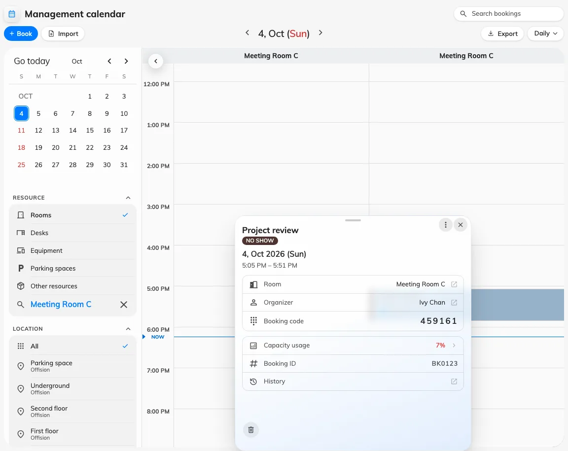 Management calendar shows the same shortened no-show reservation and free remaining time.