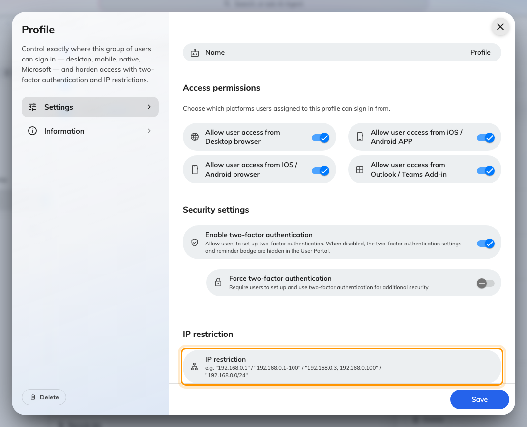The IP restriction at the foot of a user security profile. The toggles above it are a separate control, checked by the app rather than the server.