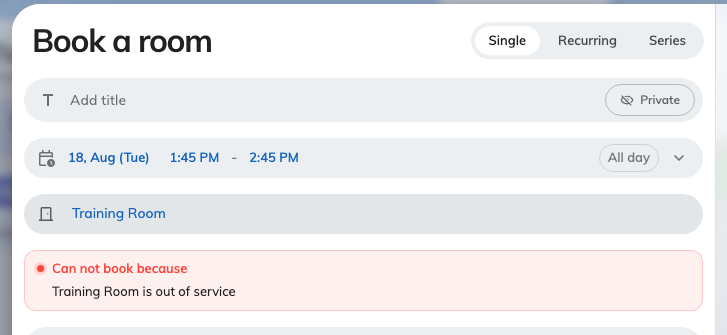 A blocking period, in the booking form: the room is refused.