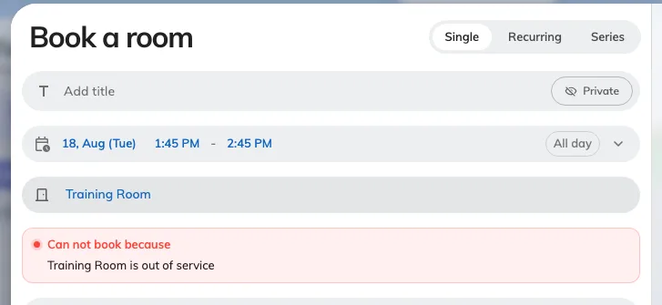 A blocking period, in the booking form: the room is refused.