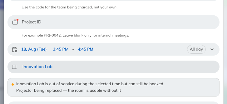 A warning-only period: the same room, the same hours, and the booking still goes through.
