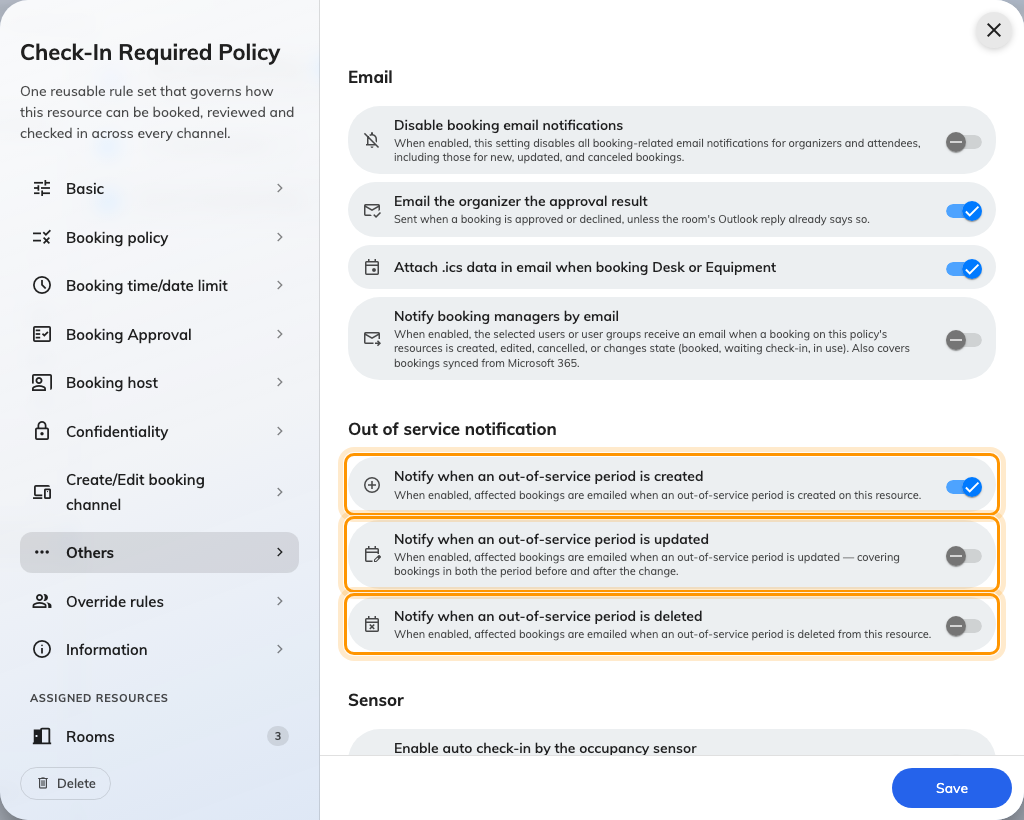 Out of service notification, on the policy's Others page. Only the first switch is on by default.