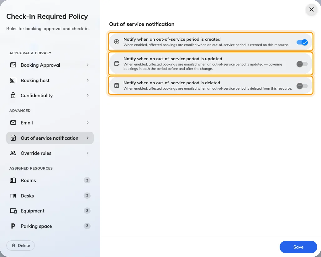 Out of service notification, on the policy's Others page. Only the first switch is on by default.