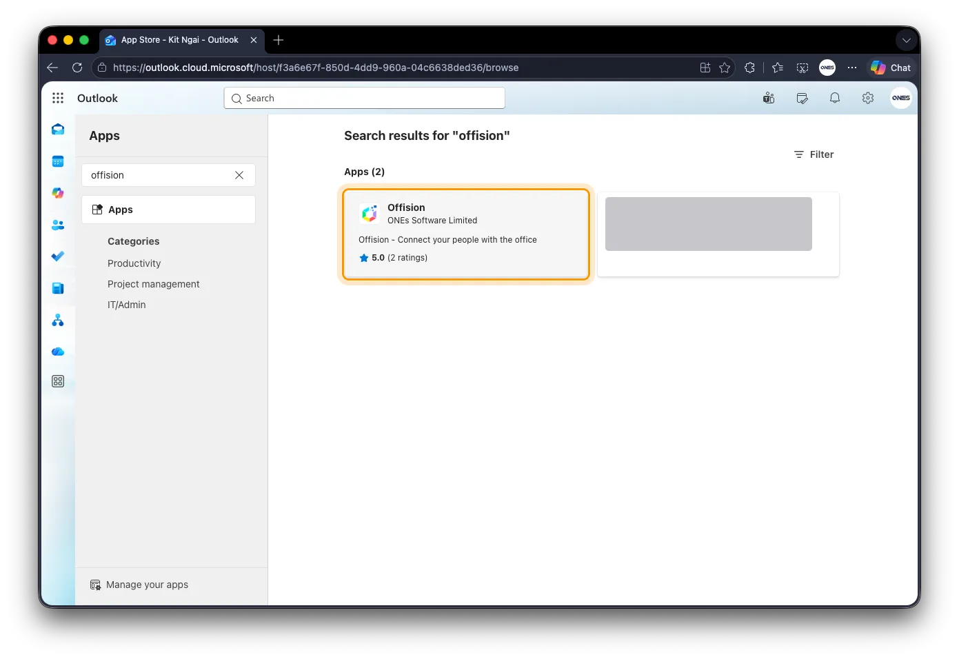 Apps in Outlook, searched for Offision.
