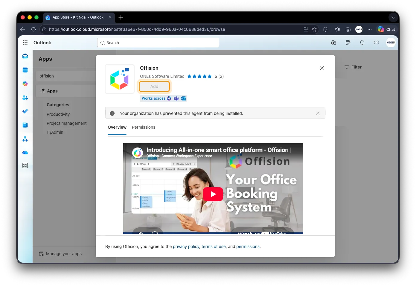 The Offision listing in Outlook, with Add greyed out.