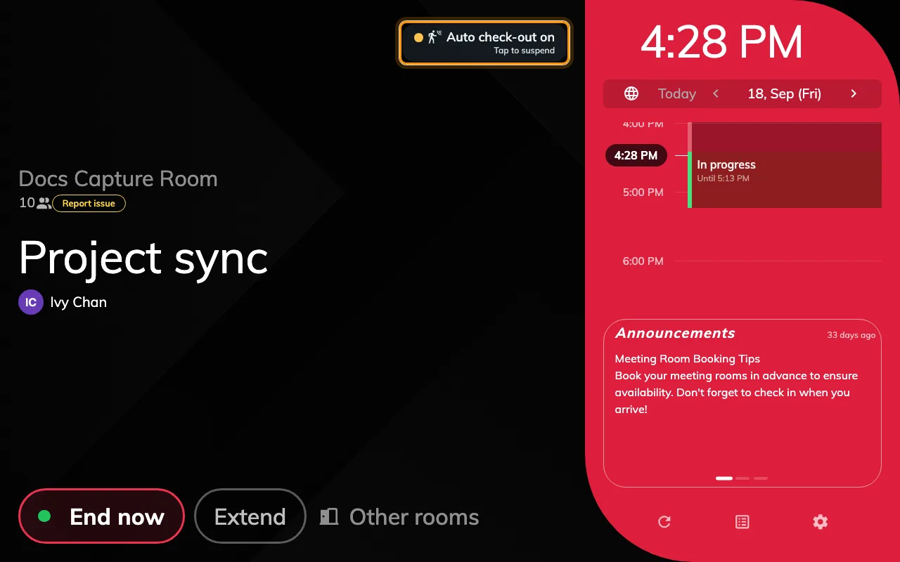 The room is in use and the sensor can see somebody: the badge is armed, with no clock.