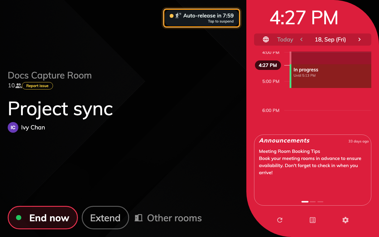 The sensor has reported the room empty: Auto-release in 7:59, and Tap to suspend underneath.
