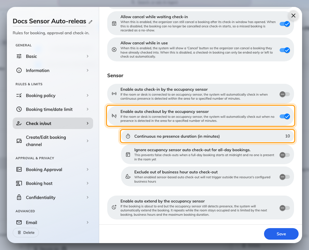 The booking policy's Others page, Sensor section: the switch that puts the badge on the panel, and the duration it counts.