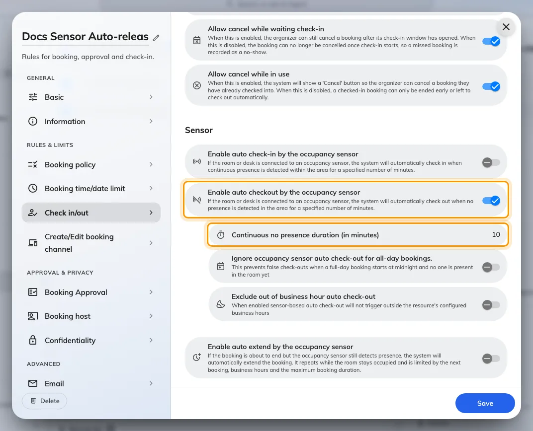 The booking policy's Others page, Sensor section: the switch that puts the badge on the panel, and the duration it counts.