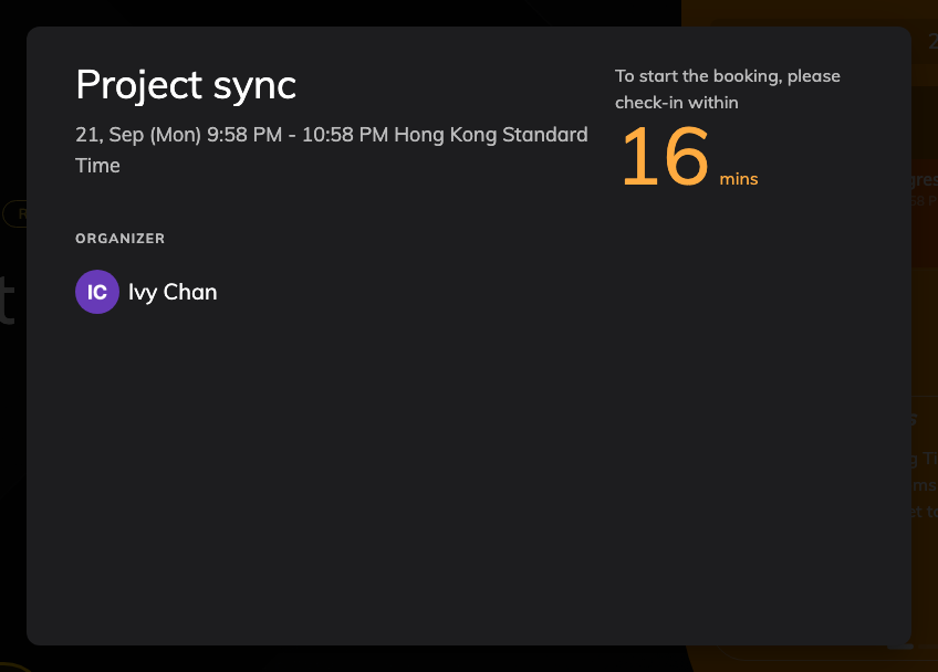 Show cancel booking button — Off — the same dialog, still readable, with no way to remove the booking.