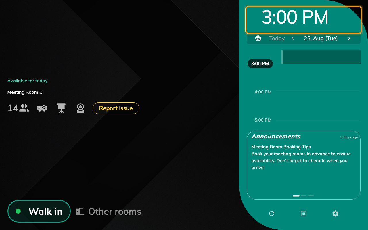 The clock on a room panel is the building's time, not the device's.