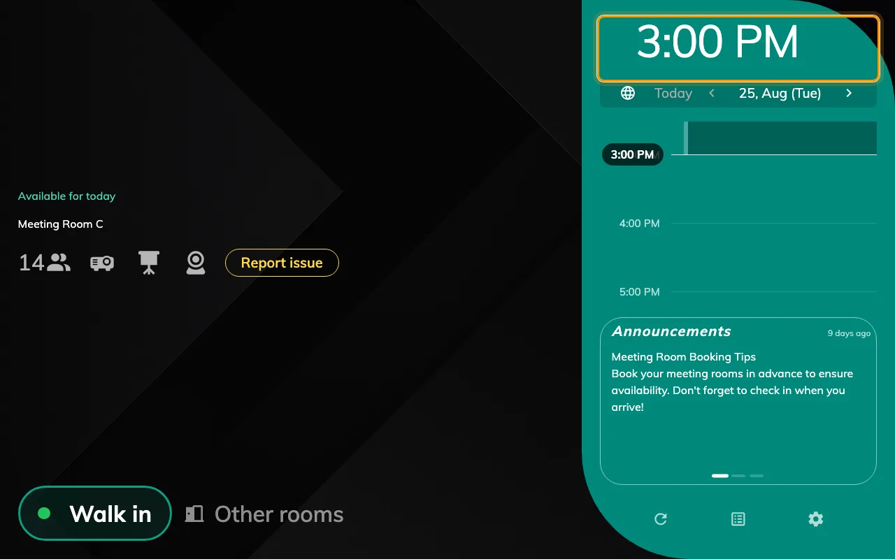The clock on a room panel is the building's time, not the device's.
