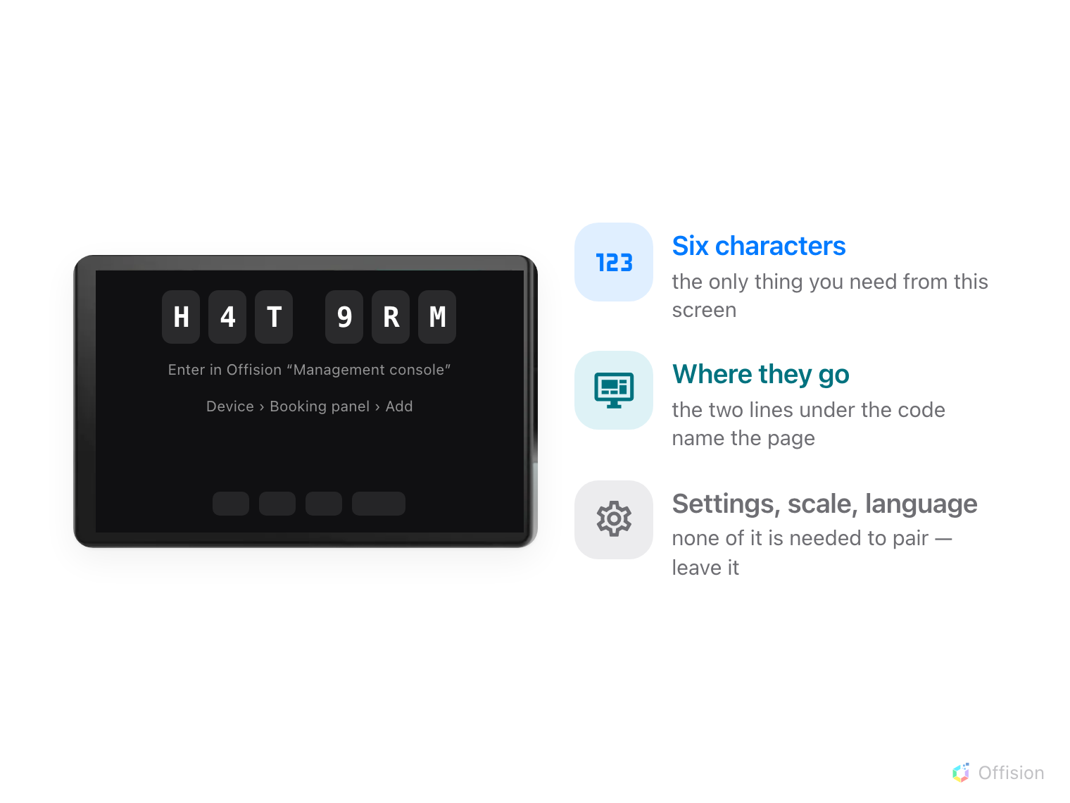 A room panel on the wall, its screen showing six characters, H4T9RM, above the lines "Enter in Offision Management console" and "Device, Booking panel, Add", with a row of small buttons along the foot. Three notes beside it: the six characters are the only thing you need from the screen; the two lines under the code name the page they go on; and the settings, scale and language buttons are not needed to pair.