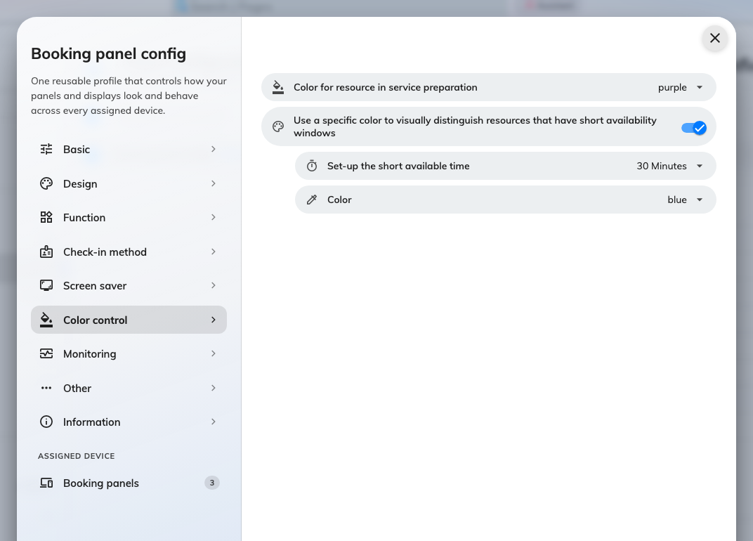 Color control, with the short-availability colour switched on and its window set to 30 minutes.