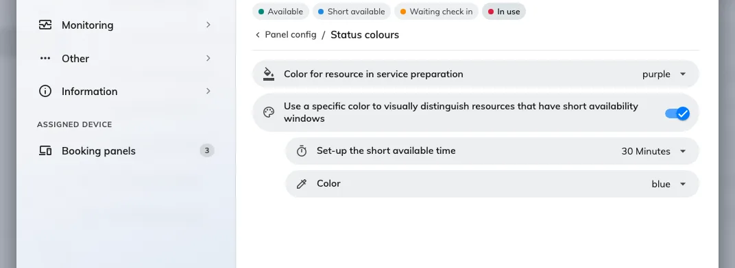 Status colours, with the short-availability colour switched on and its window set to 30 minutes.