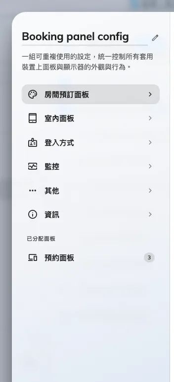 頁面清單。本章指向的內容大多在「房間預訂面板」裡。