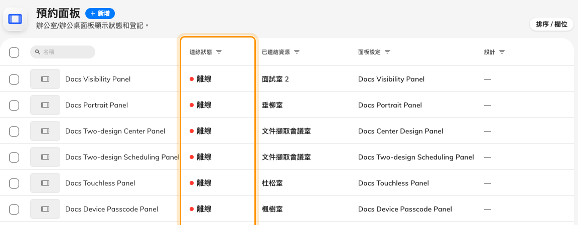 裝置清單中的連線狀態 — 唯一看得見面板失去連線的地方。