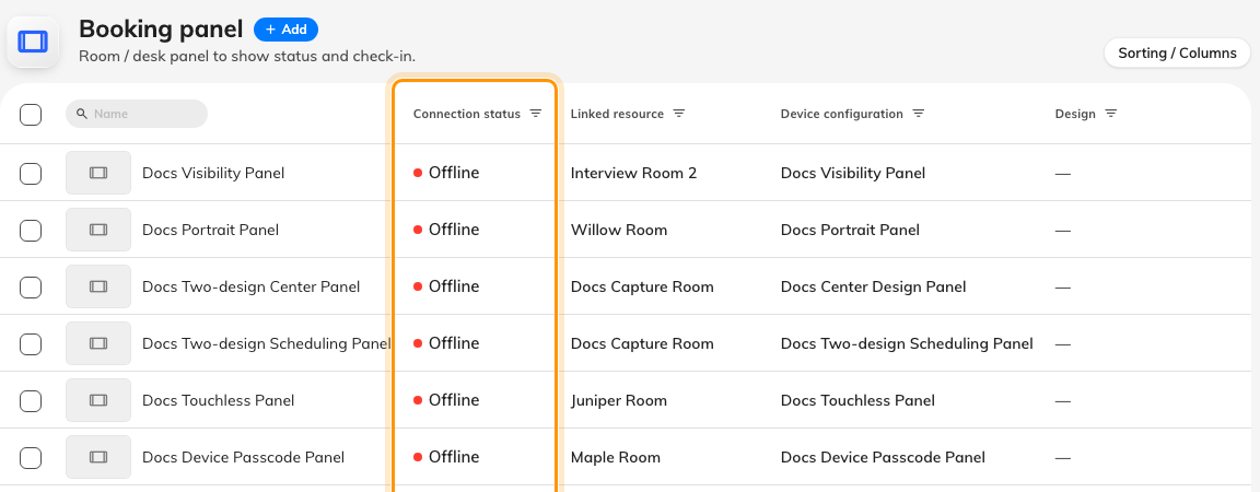 Connection status in the device list — the one place a lost panel is visible.