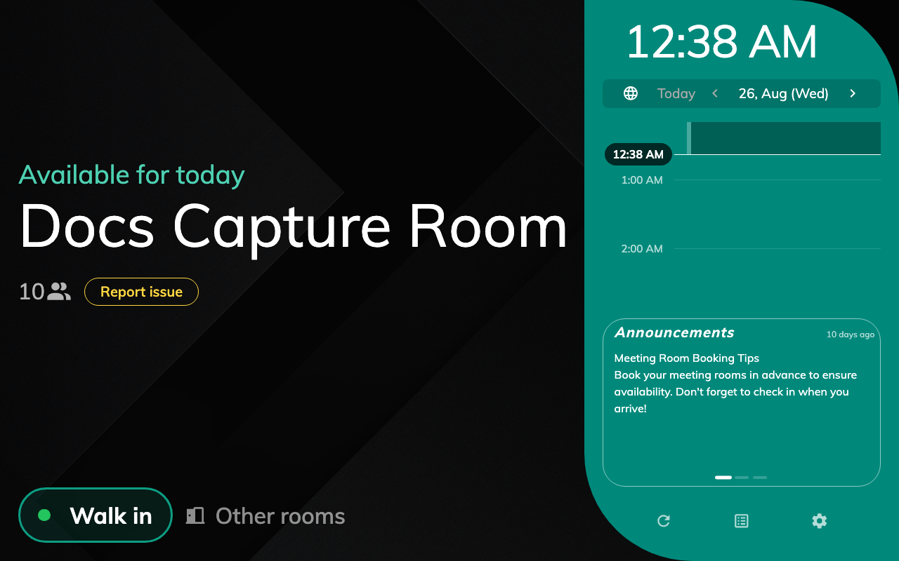 Scheduling — Free — the room block, the day on the side rail, the action row.