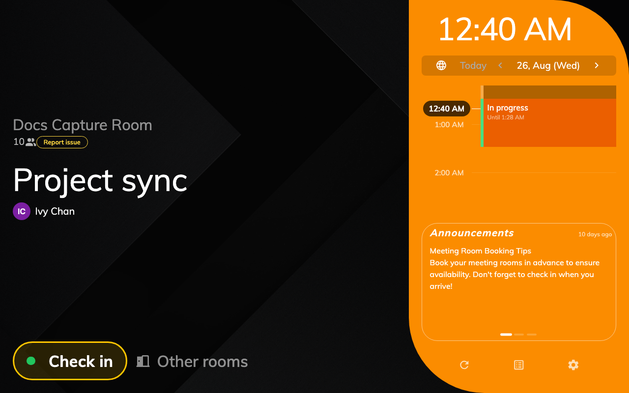 Scheduling — Waiting for check-in — the booking on the rail, Check in in the action row.