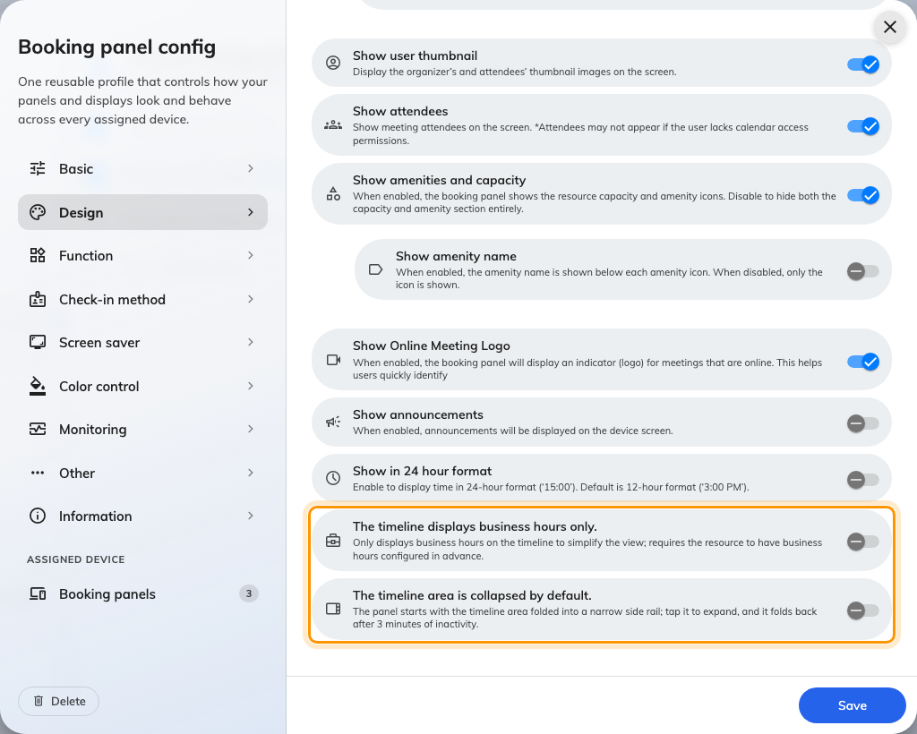The Design page, scrolled to the two timeline switches at its foot.