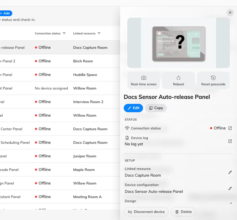 A paired panel's record: the room it shows, the configuration it follows, and the actions Reboot and Reset passcode.