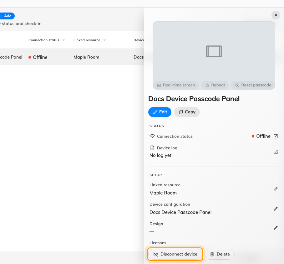 The foot of the device detail. Disconnect releases the hardware; Delete removes the record with it.