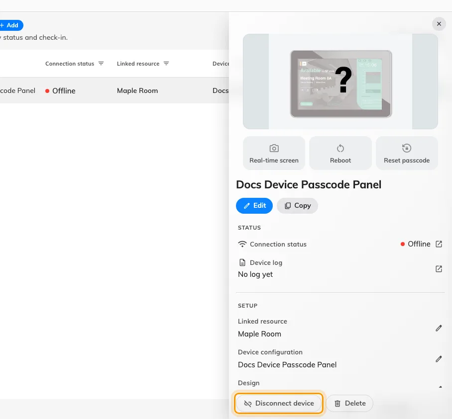 The foot of the device detail. Disconnect releases the hardware; Delete removes the record with it.