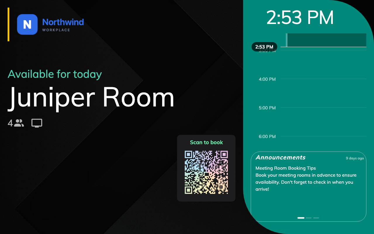 A free room on a display-only panel. Status, schedule, code — and nothing to press.