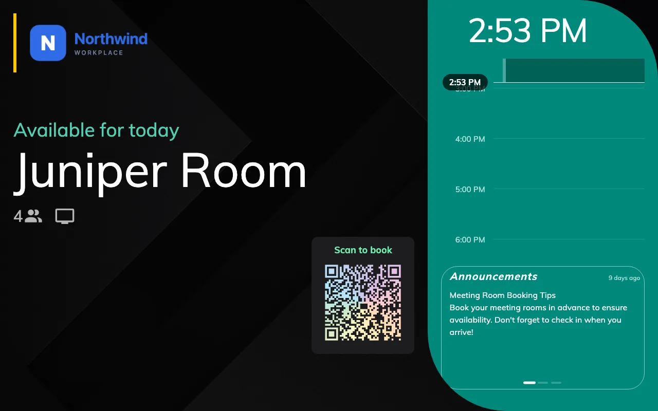 A free room on a display-only panel. Status, schedule, code — and nothing to press.