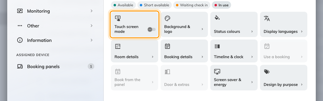 The group menu with the switch off. Use a booking, Book from the panel and Door & extras step back behind it.