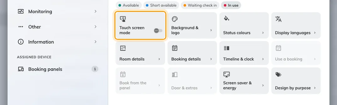 Touch screen mode off: Use a booking, Book from the panel and Door & extras step back behind it.