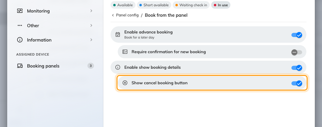 Book from the panel, with Show cancel booking button under Enable show booking details.