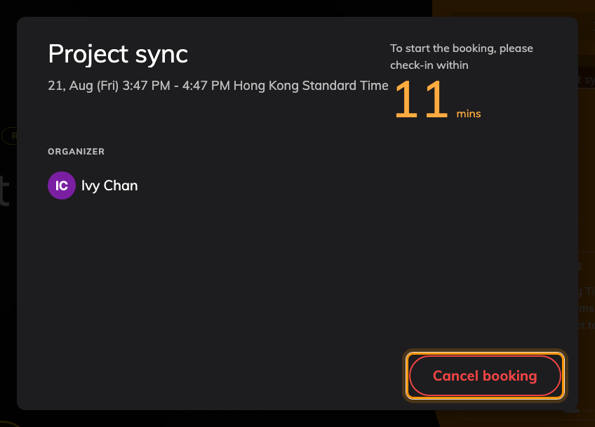 The details dialog, with Cancel booking at its foot — the row this switch removes.