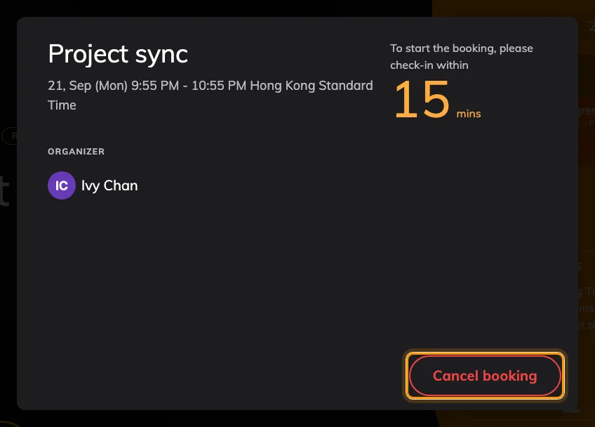 Show cancel booking button — On — Cancel booking sits at the foot of the details dialog.