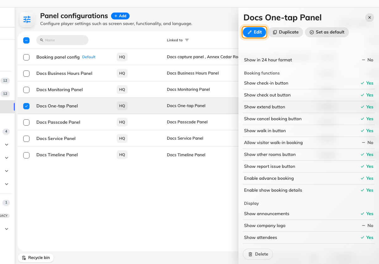 Selecting a configuration, and the action that opens it.