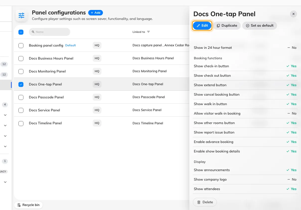 Selecting a configuration, and the action that opens it.