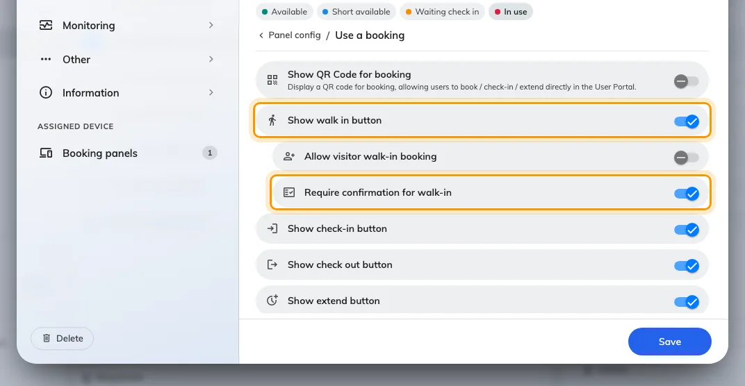 Show walk in button on, and the confirmation screen off.