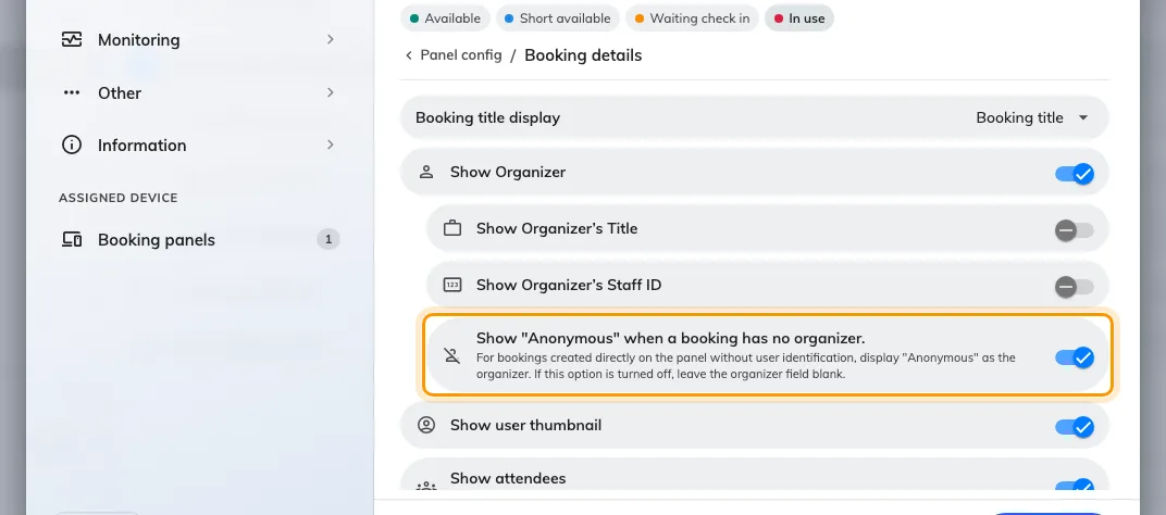 What the panel shows where an organiser would be.