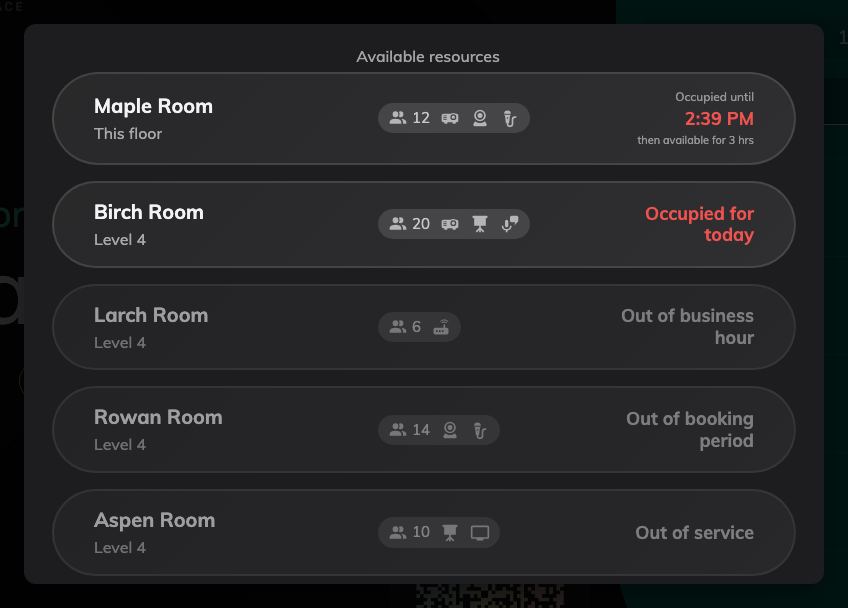 Further down the same list: blocked rooms stay visible, dimmed, and do not respond to a tap.