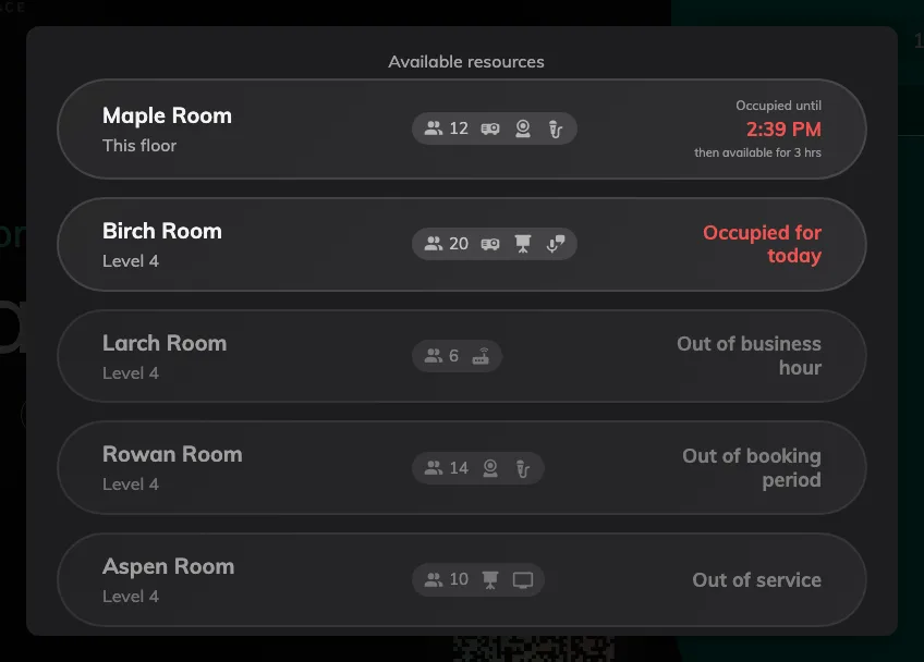 Further down the same list: blocked rooms stay visible, dimmed, and do not respond to a tap.