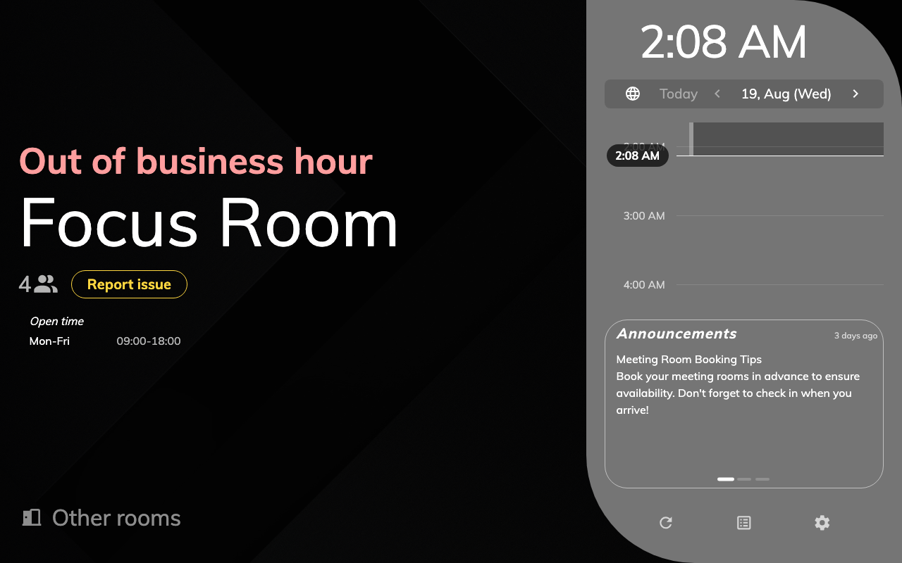The panel outside business hours: no booking buttons, and the open hours on display.