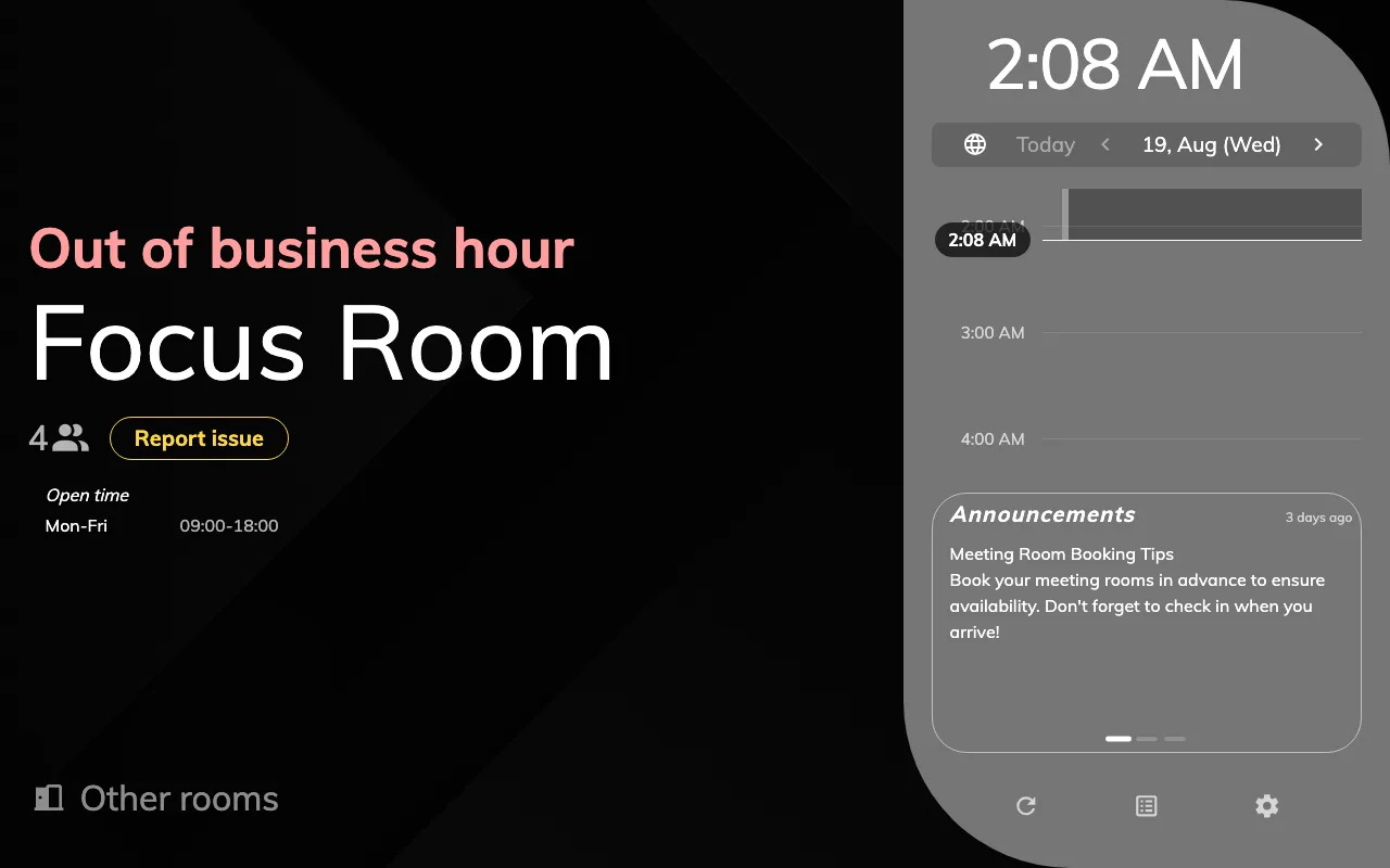 Outside business hours: no action buttons at all, and the open hours on display.