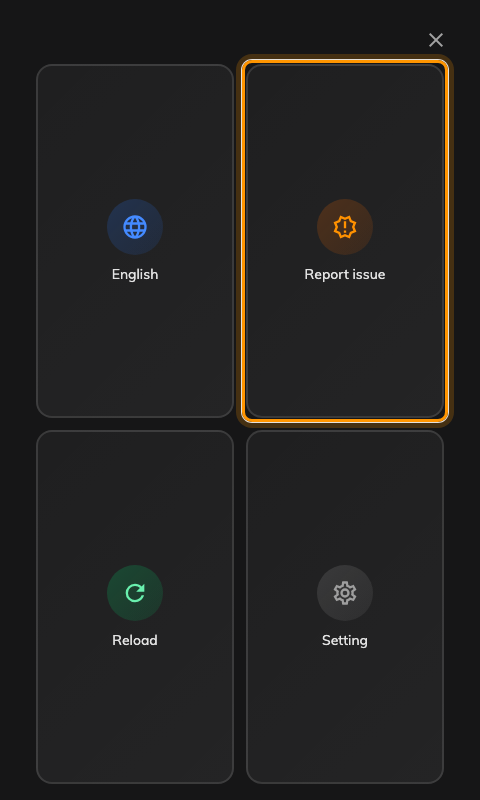 The mini skin's menu, with Report issue among the tiles.