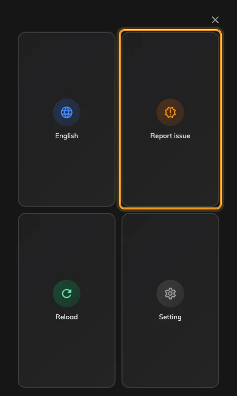 The mini skin's menu, with Report issue among the tiles.